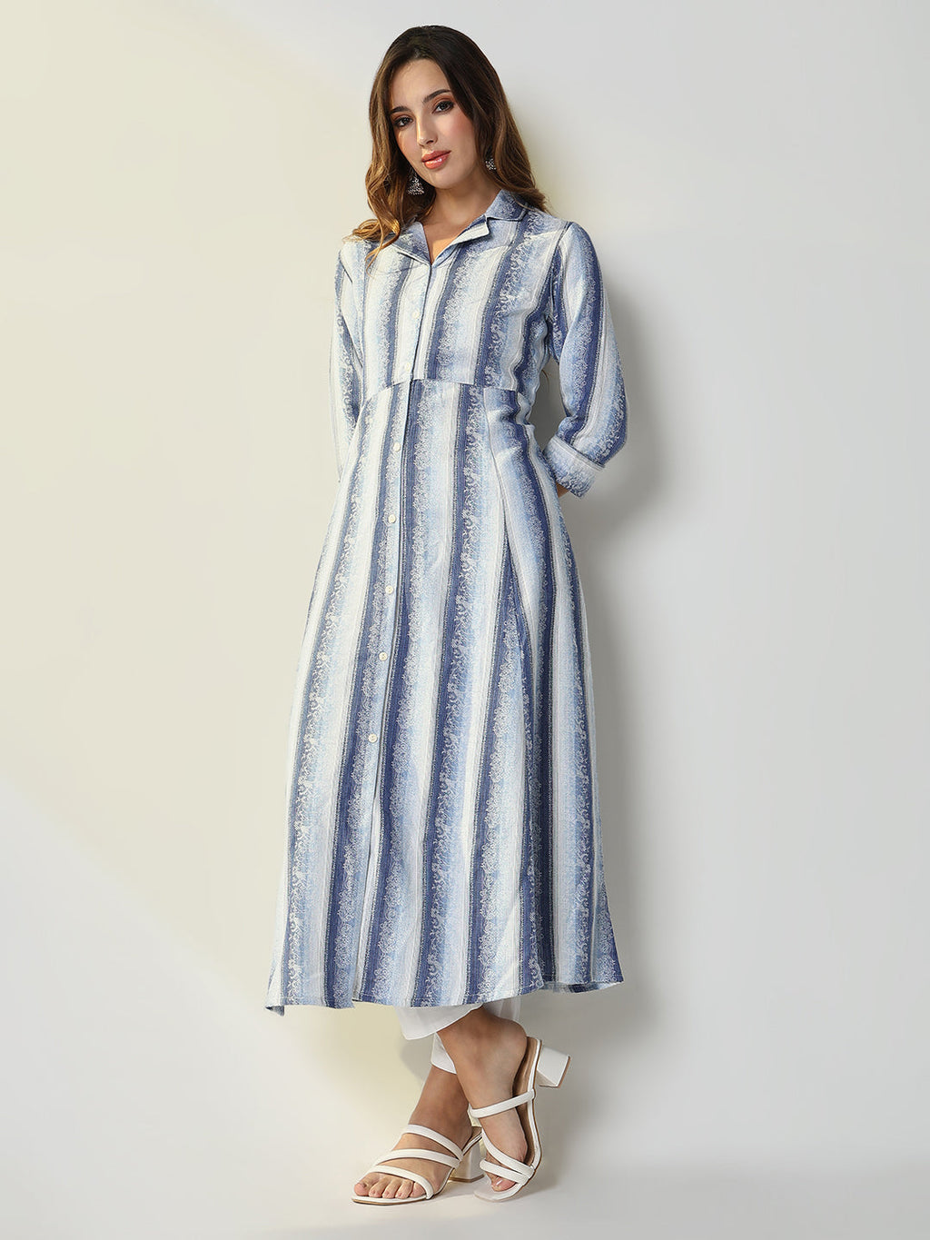 Women's Blue Striped Anarkali Kurta