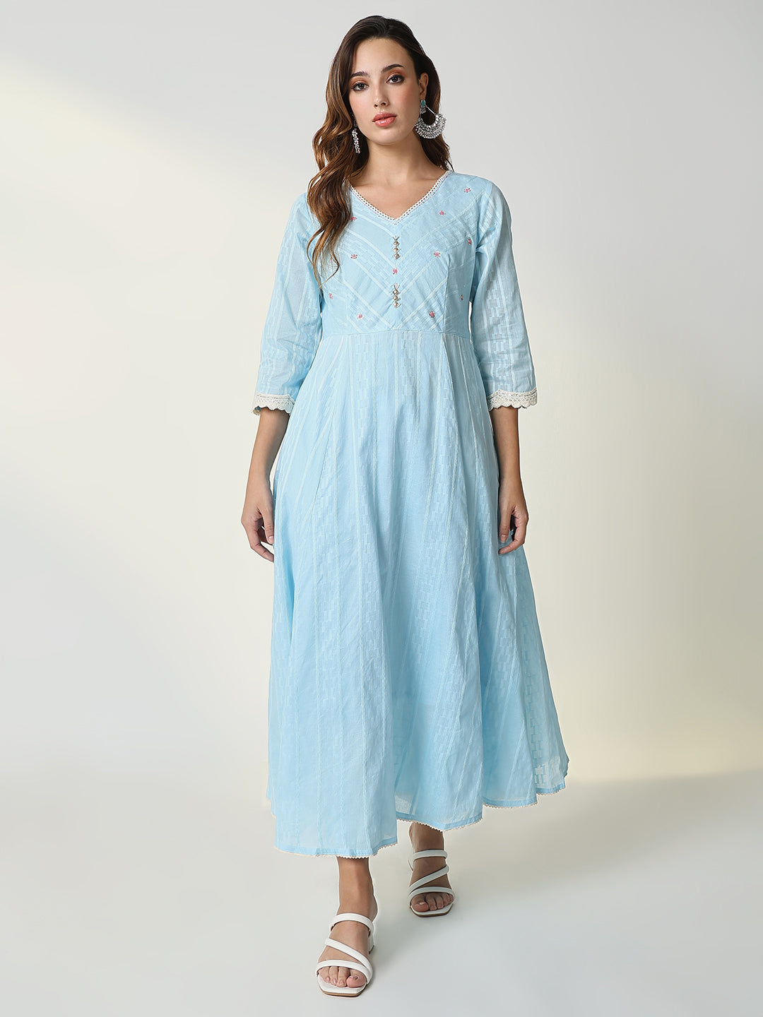 Women's Blue Striped Anarkali Kurta