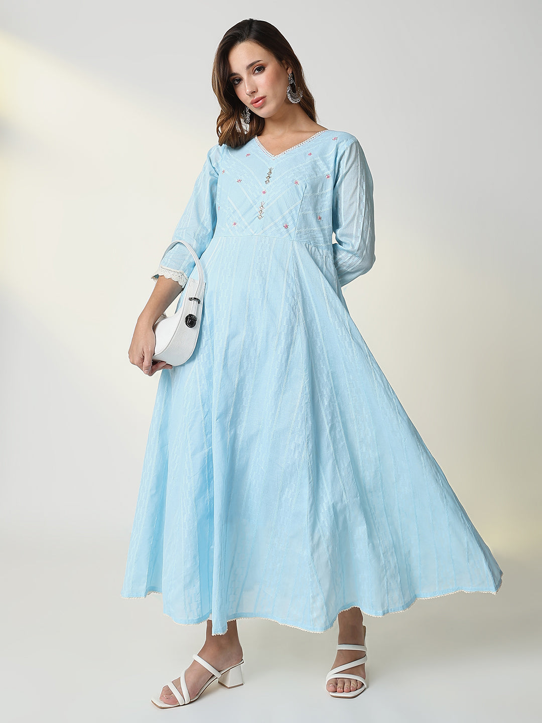 Women's Blue Striped Anarkali Kurta