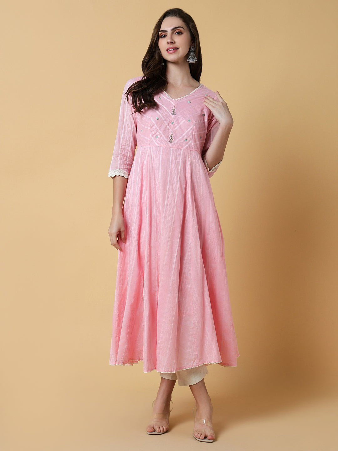 Women's Pink Solid A-Line Kurta