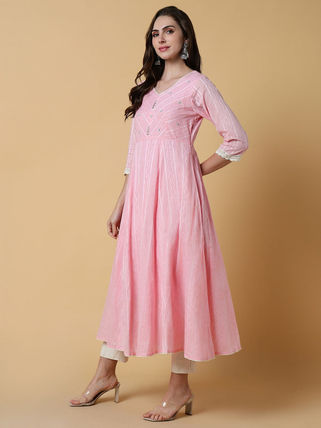 Women's Pink Solid A-Line Kurta