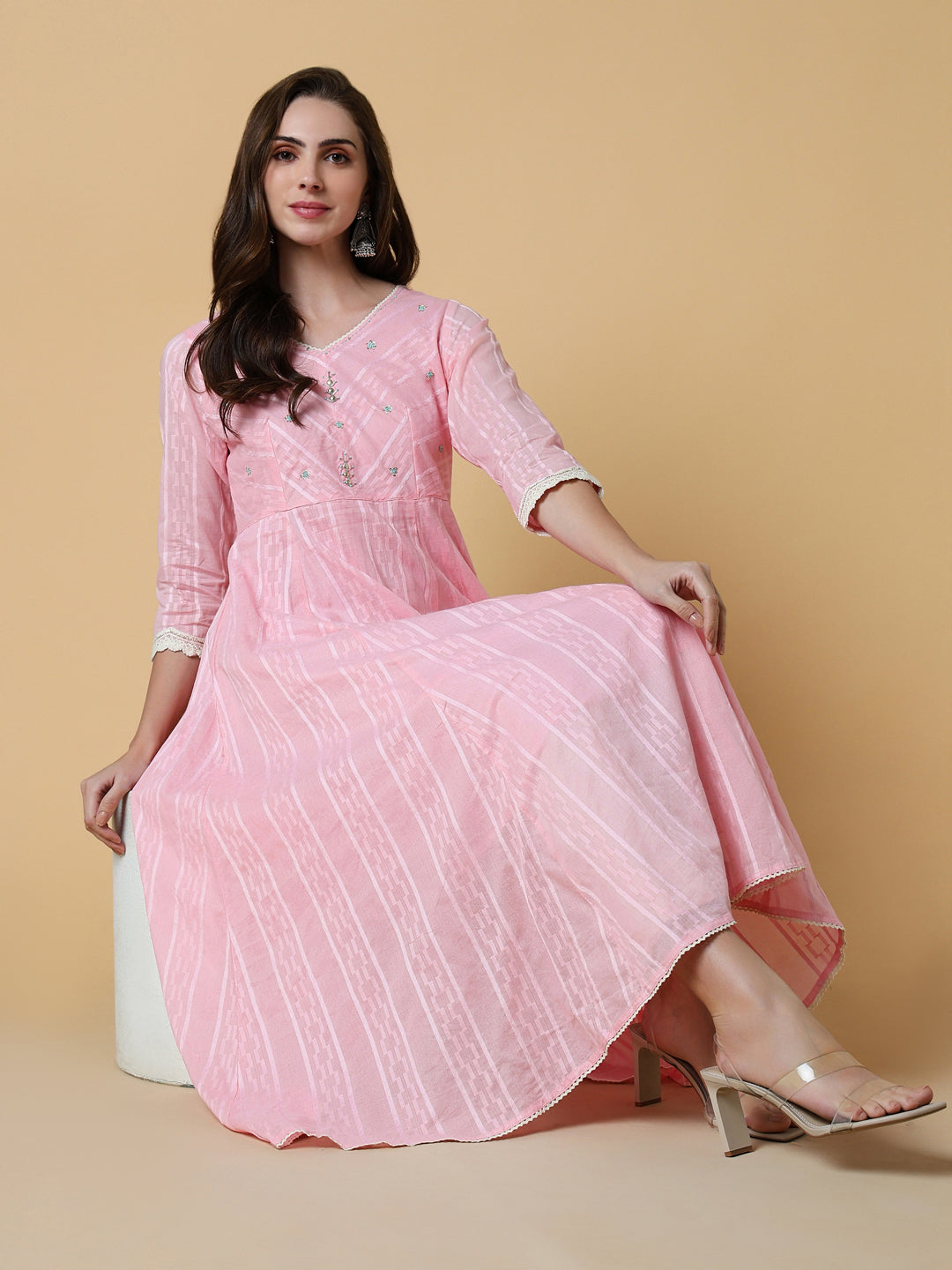 Women's Pink Solid A-Line Kurta
