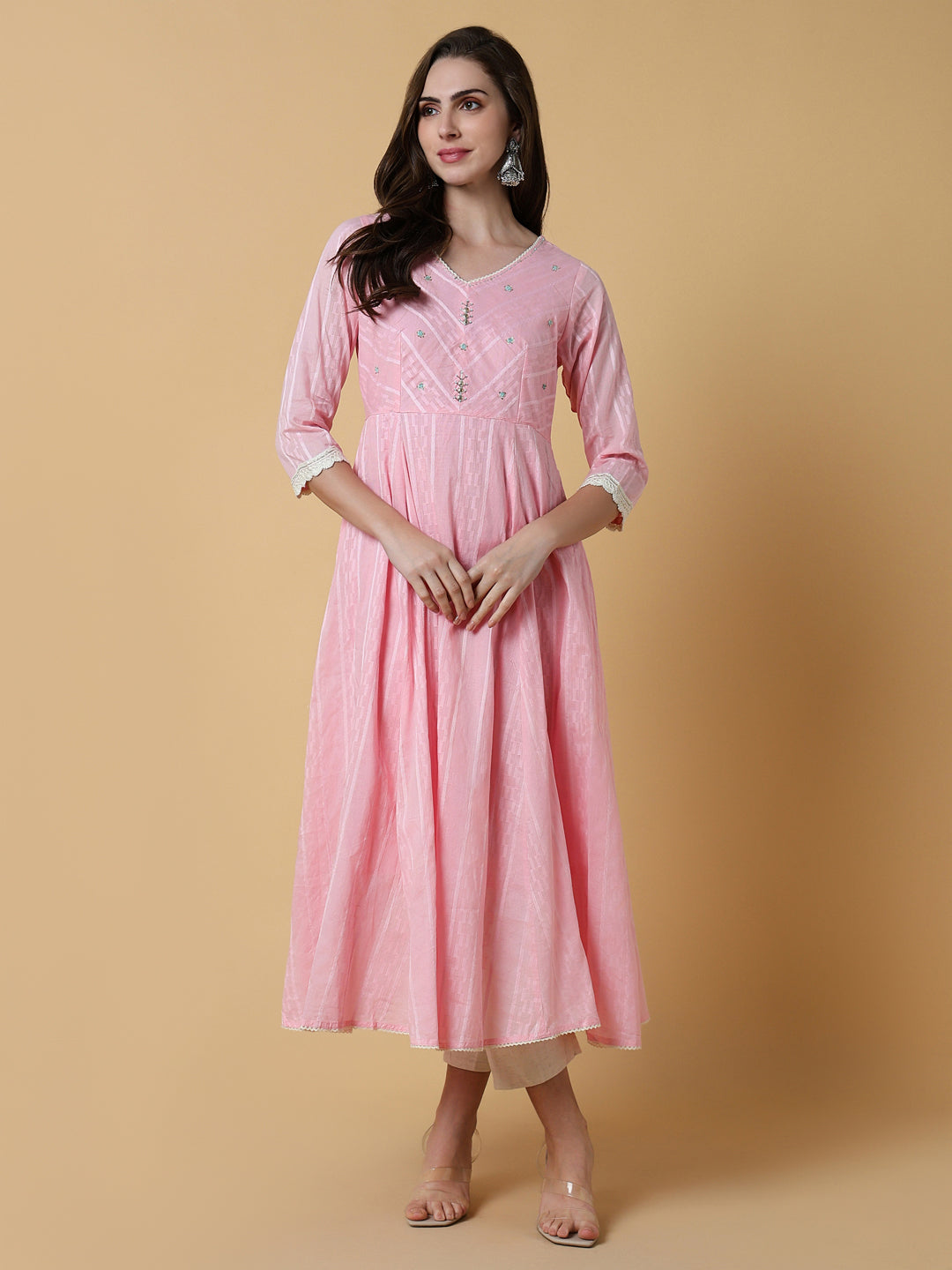 Women's Pink Solid A-Line Kurta