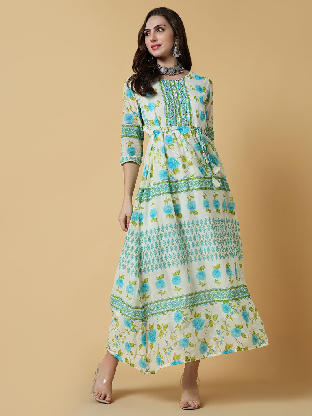 Women's Off White Floral A-Line Kurta