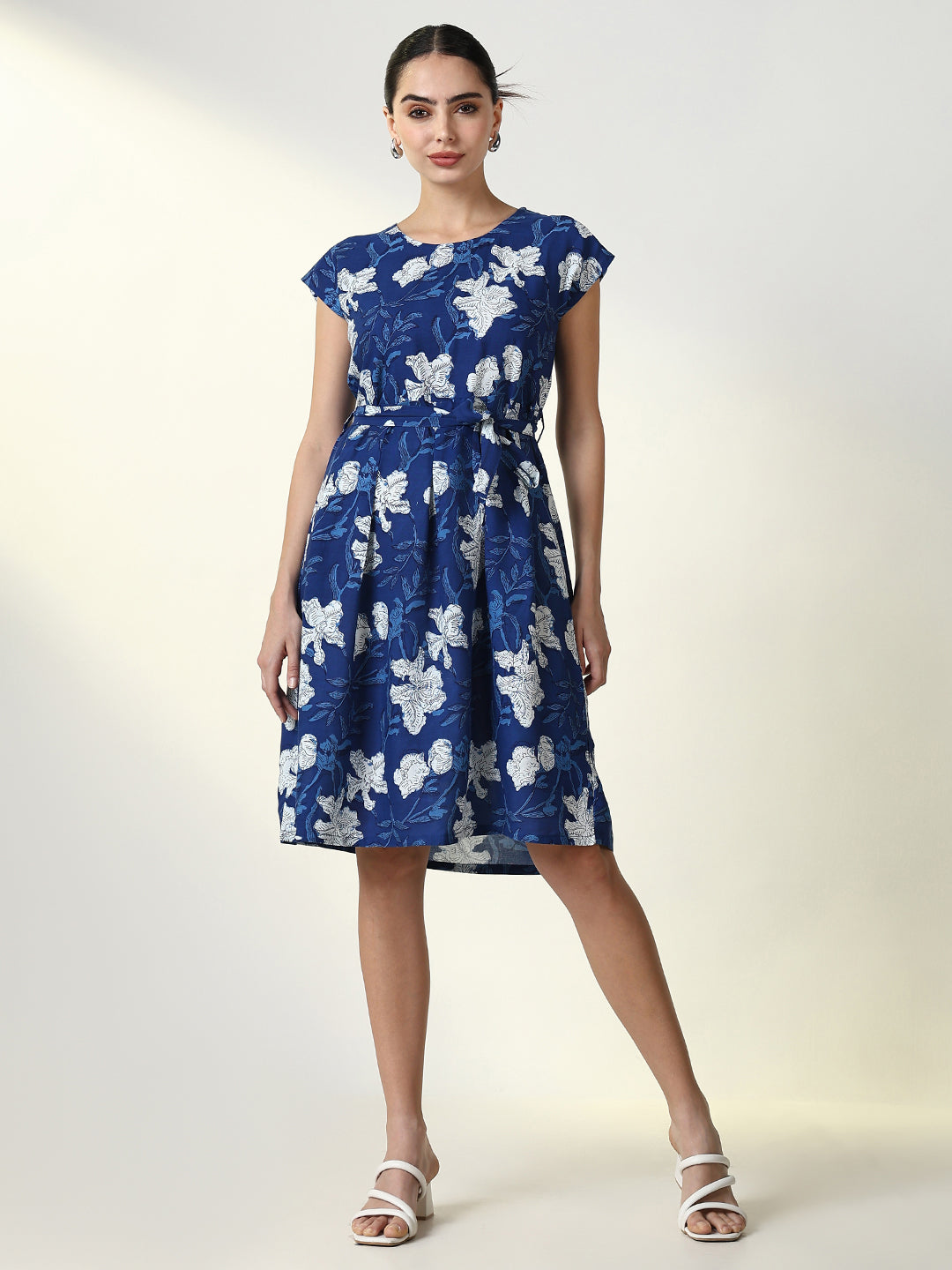 Women's Blue Cotton Floral Print Fit & Flare Dress