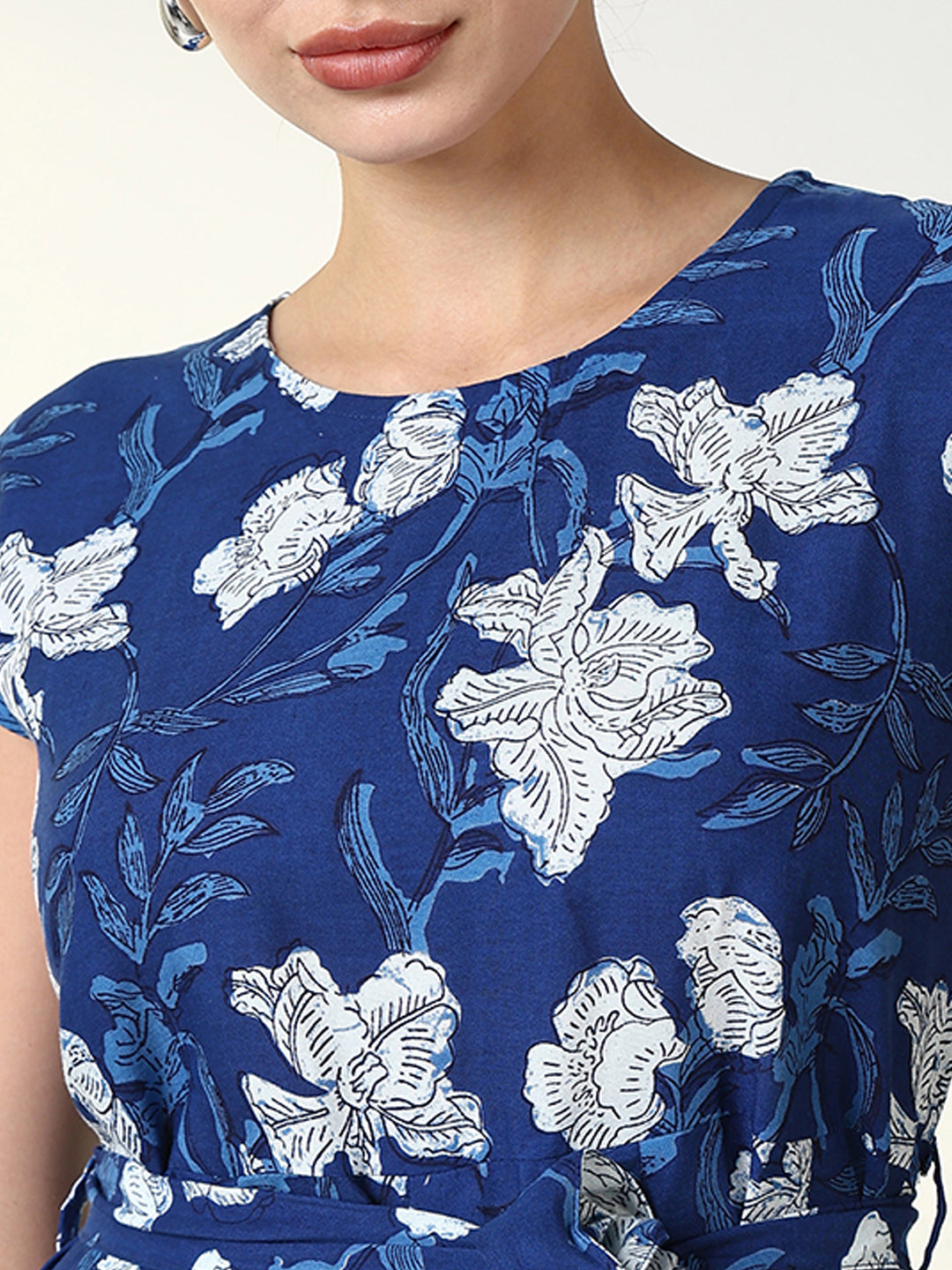 Women's Blue Cotton Floral Print Fit & Flare Dress