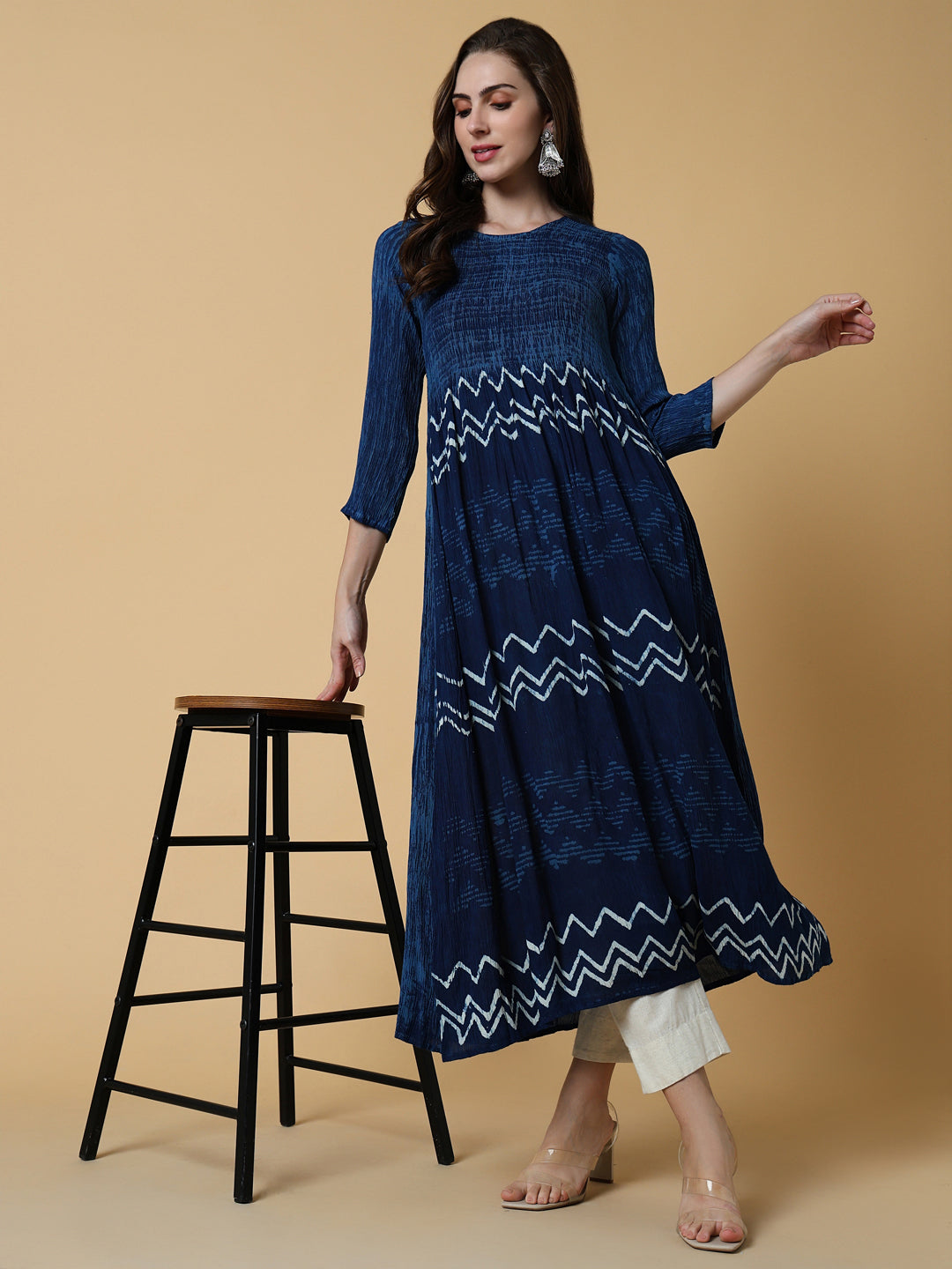 Women's Navy Blue Graphic Anarkali Kurta