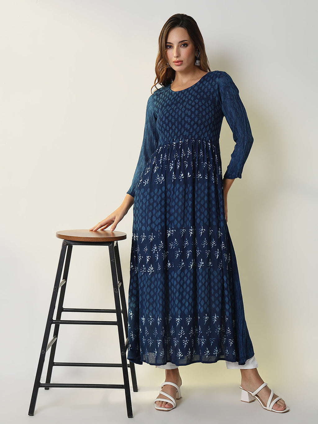 Women's Navy Blue Graphic Anarkali Kurta