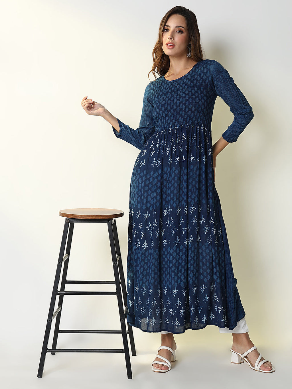 Women's Navy Blue Graphic Anarkali Kurta