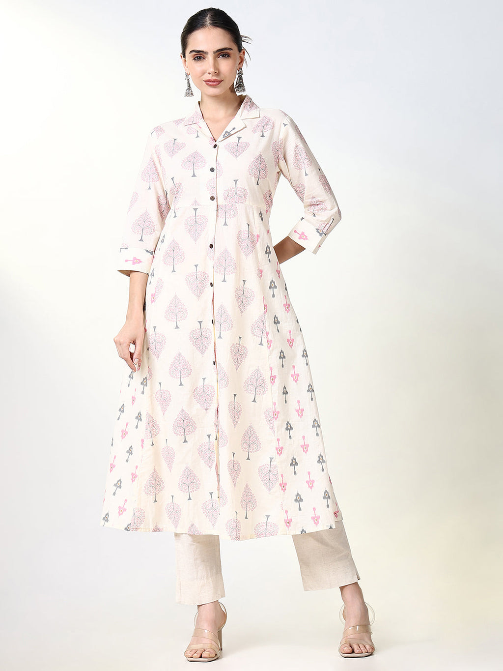 Women's Cream Graphic A Line Kurta