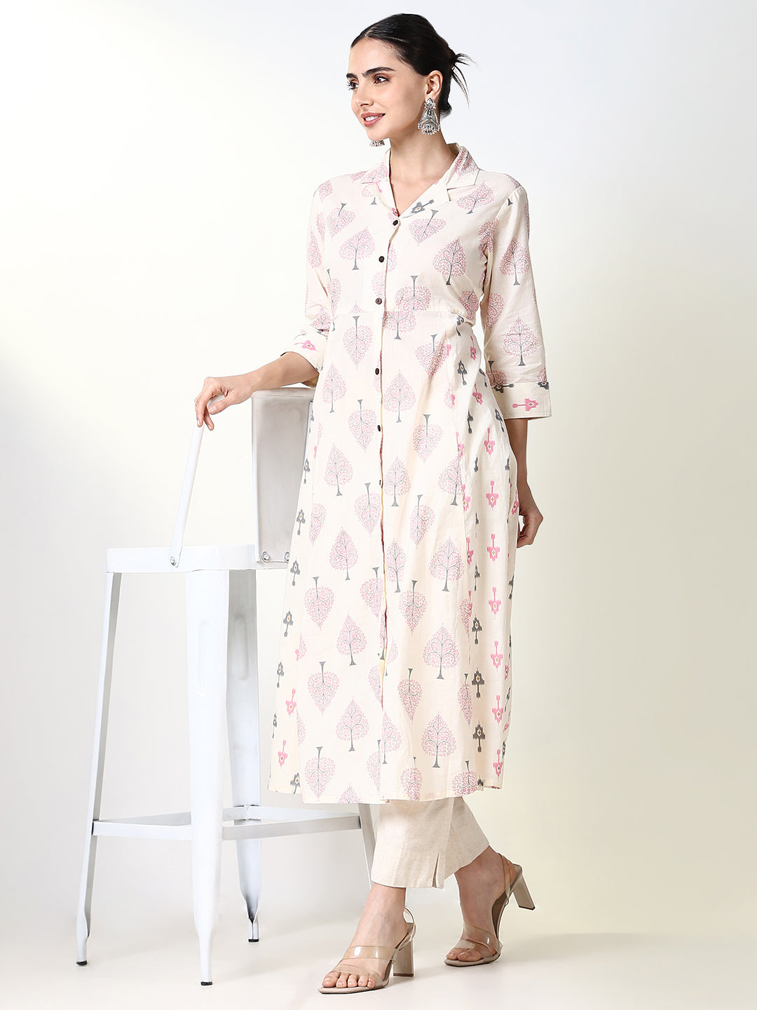 Women's Cream Graphic A Line Kurta