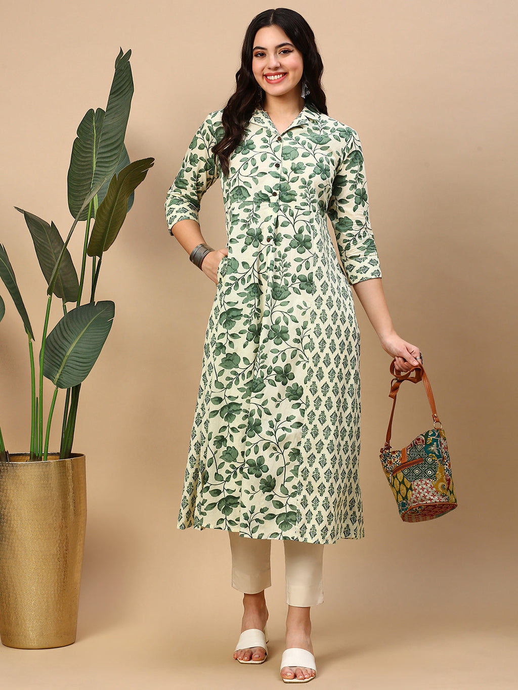 Women's Green Floral A Line Kurta