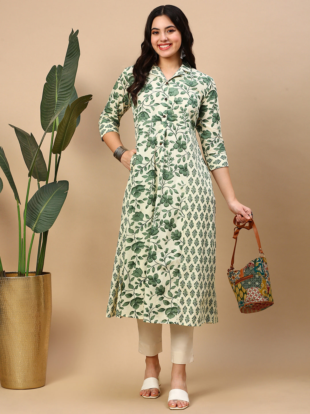 Women's Green Floral A Line Kurta