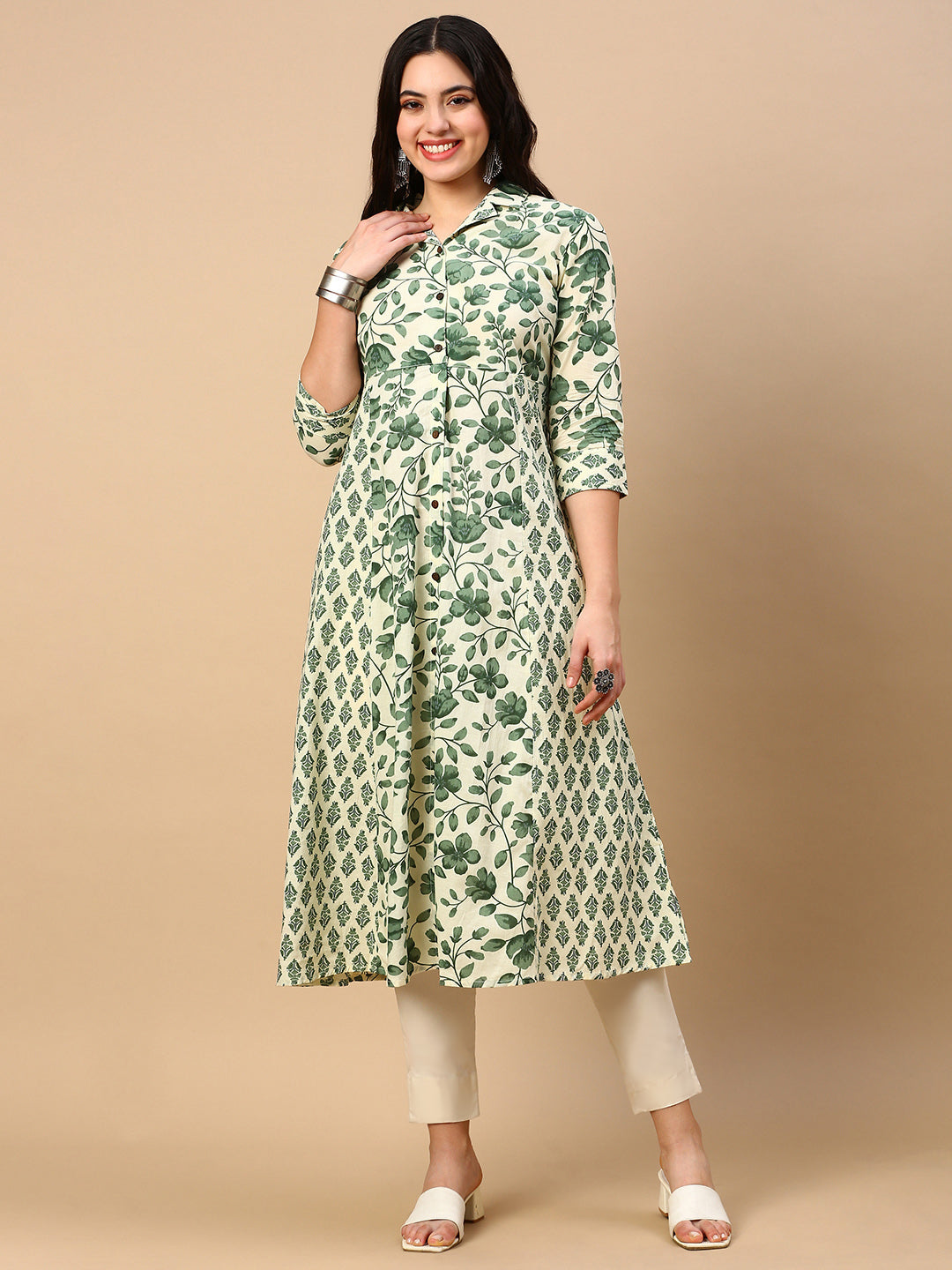 Women's Green Floral A Line Kurta