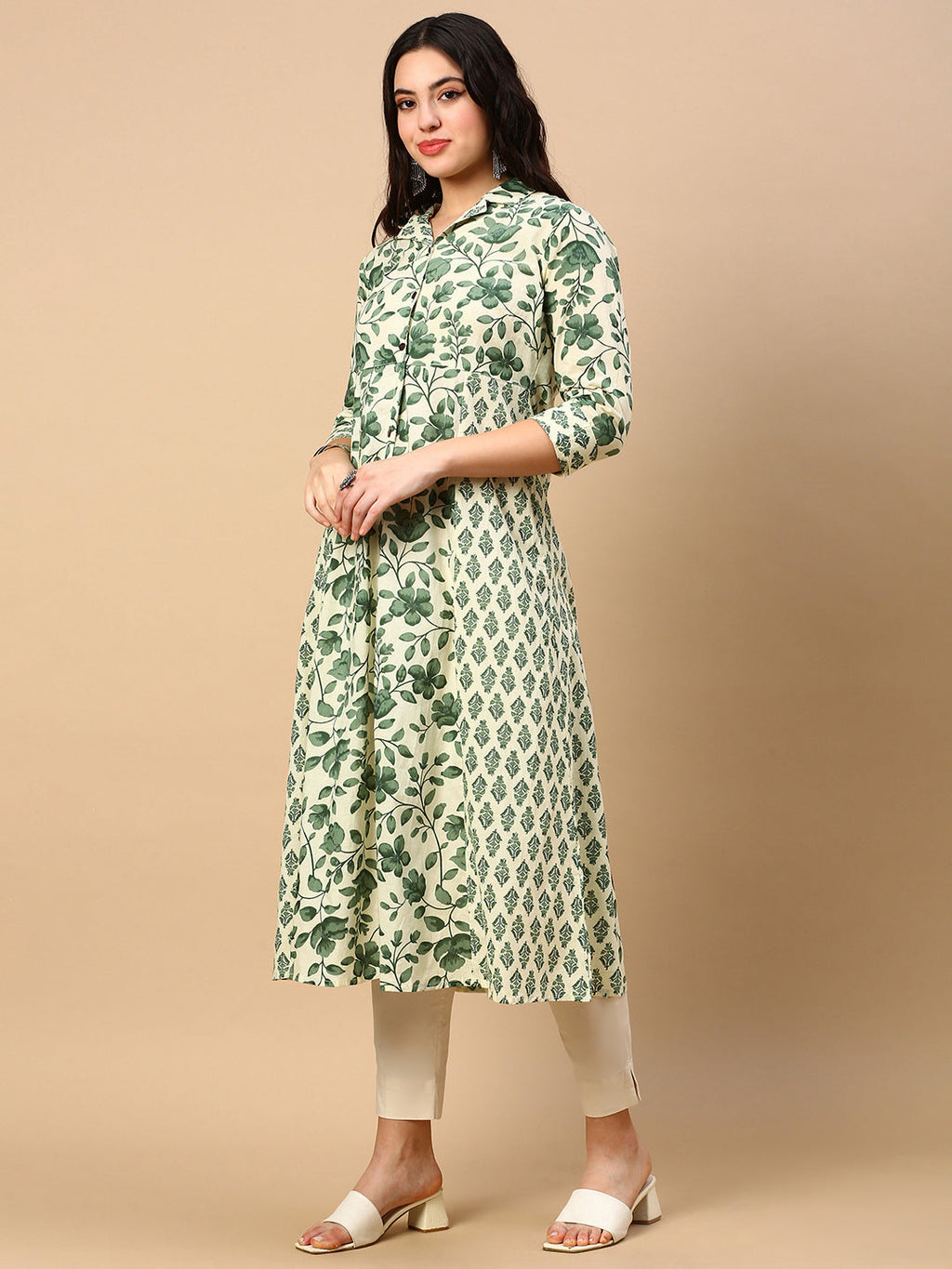 Women's Green Floral A Line Kurta