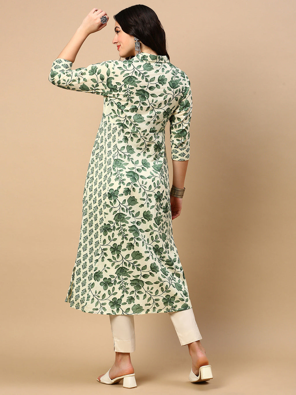 Women's Green Floral A Line Kurta