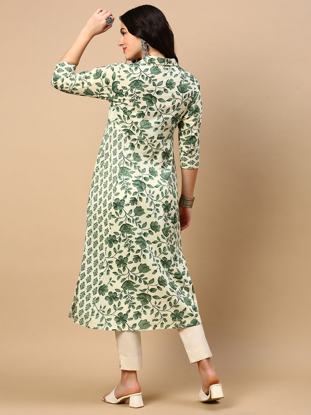 Women's Green Floral A Line Kurta