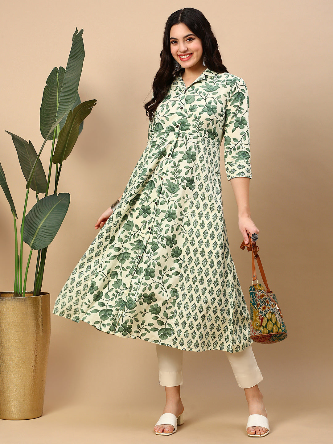 Women's Green Floral A Line Kurta
