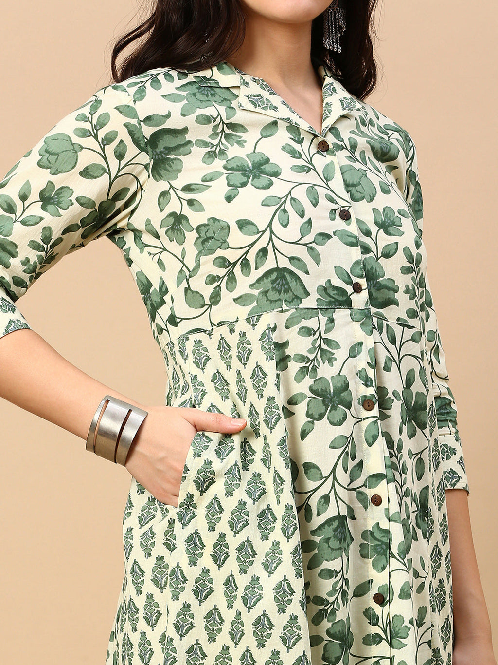 Women's Green Floral A Line Kurta