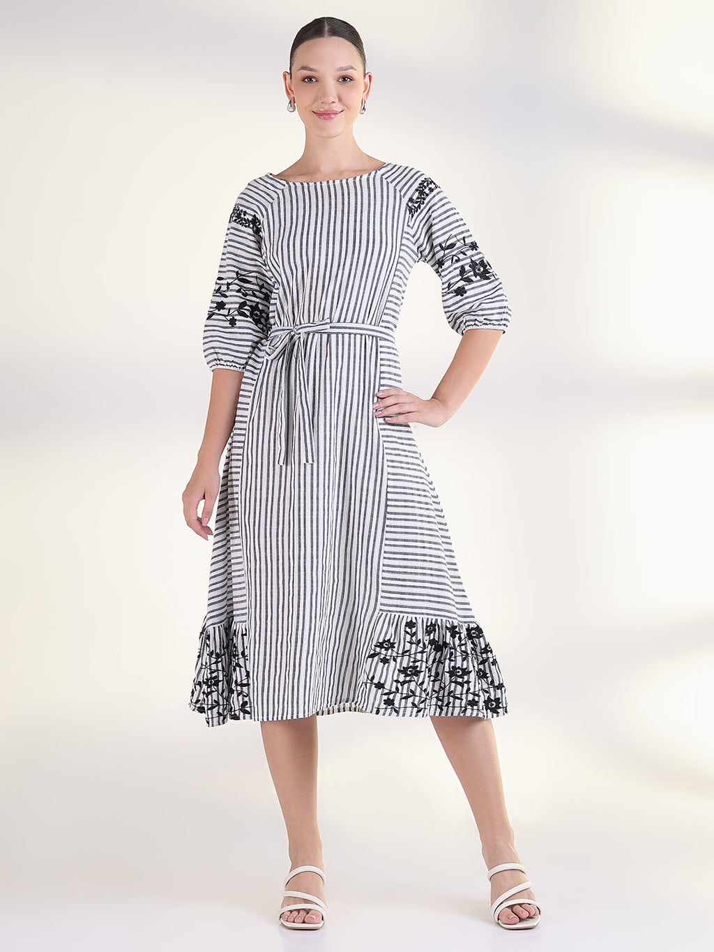 Women's Striped White Fit and Flare Midi Dress with Tie Up