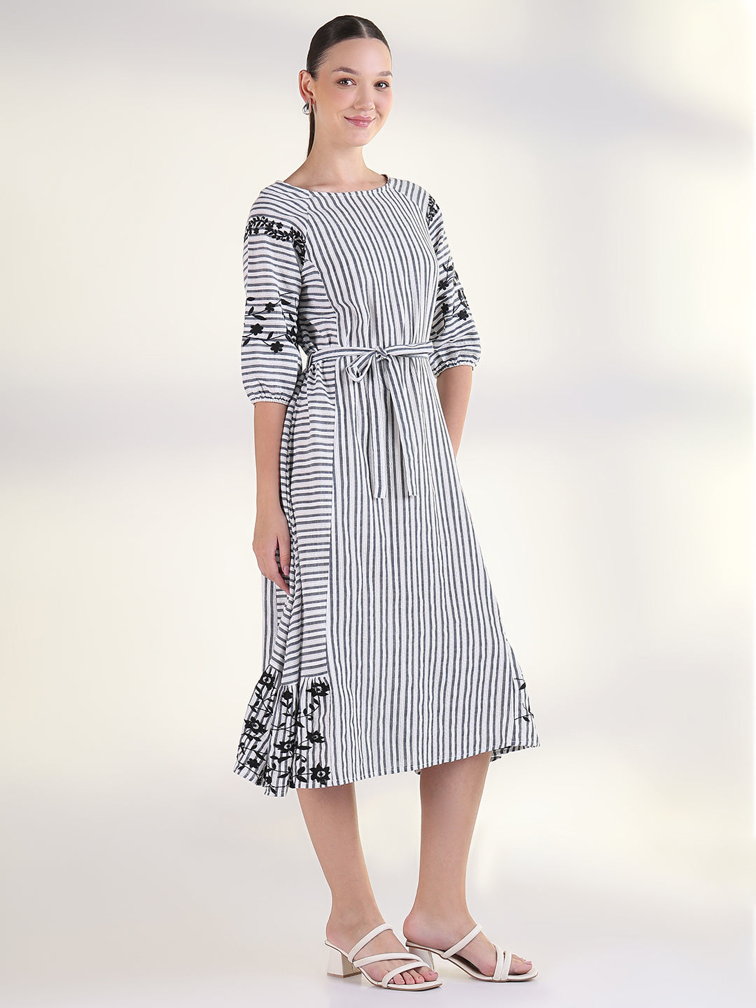 Women's Striped White Fit and Flare Midi Dress with Tie Up