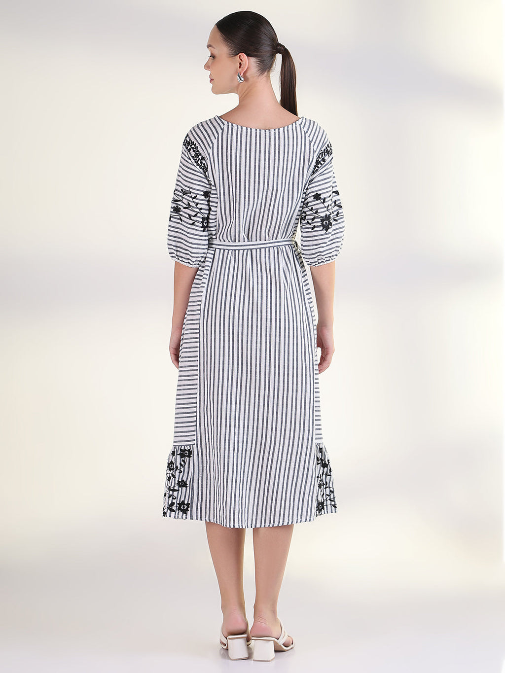 Women's Striped White Fit and Flare Midi Dress with Tie Up