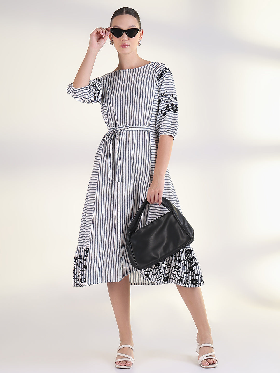 Women's Striped White Fit and Flare Midi Dress with Tie Up