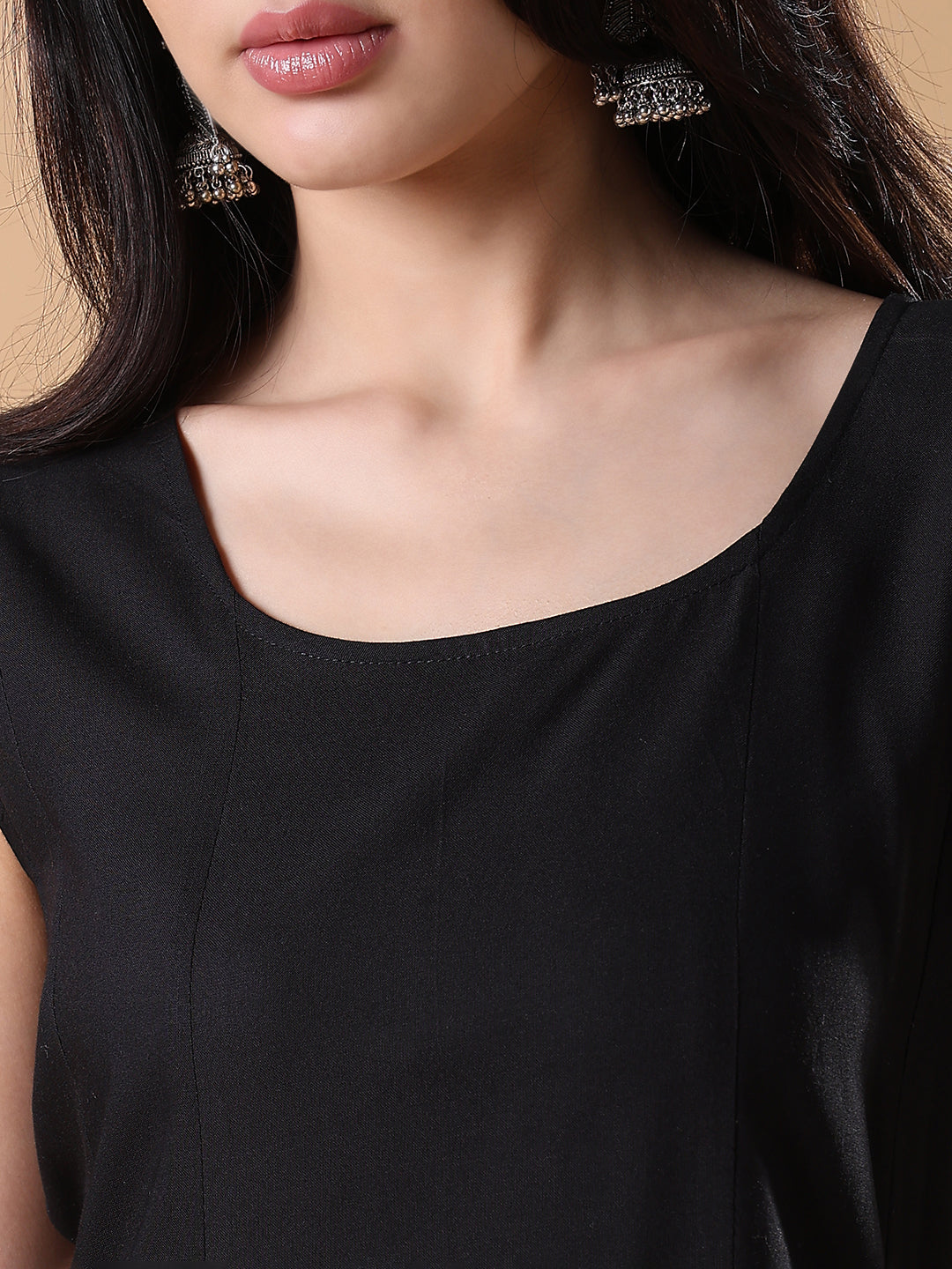 Women's Black Solid Cotton A-Line Kurta with Shrug