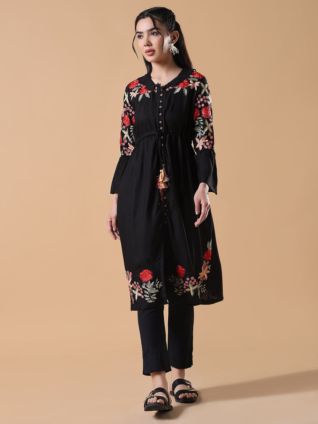 Women's Black Embroidered Floral A-Line Kurta