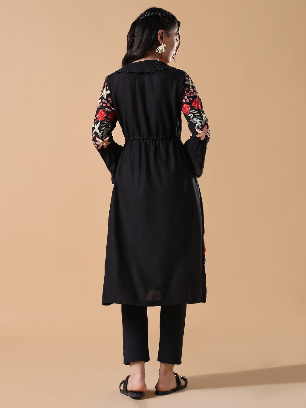 Women's Black Embroidered Floral A-Line Kurta