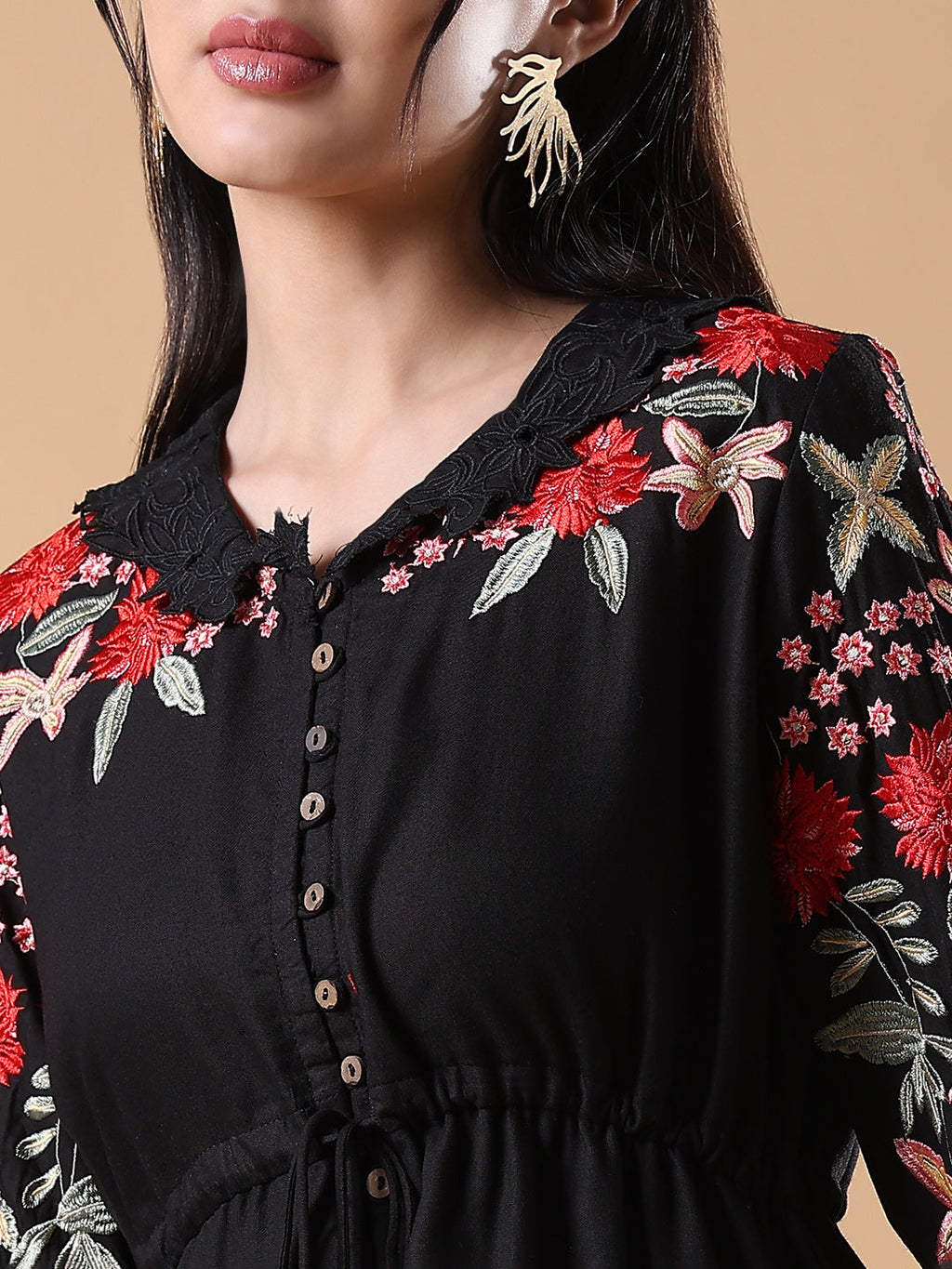 Women's Black Embroidered Floral A-Line Kurta