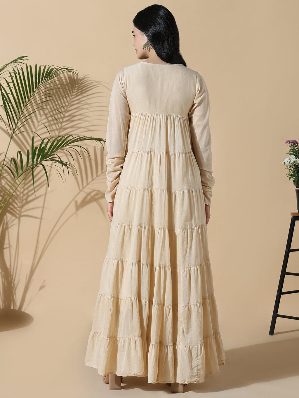 Women's Beige Solid Cotton Anarkali Kurta with Inner