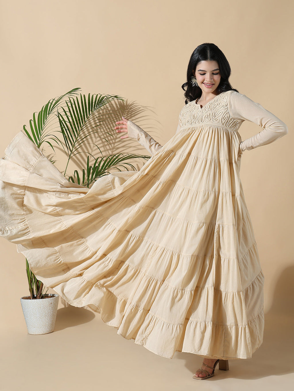 Women's Beige Solid Cotton Anarkali Kurta with Inner