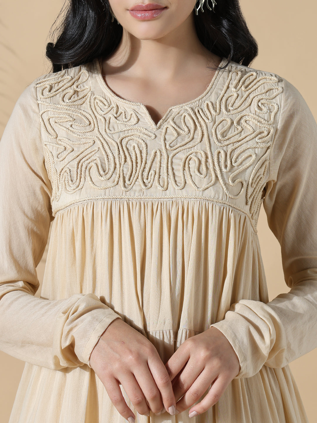 Women's Beige Solid Cotton Anarkali Kurta with Inner