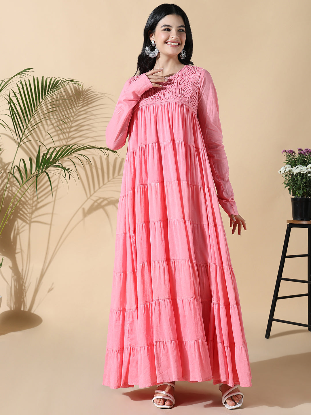 Women's Pink Solid Cotton Anarkali Kurta with Inner