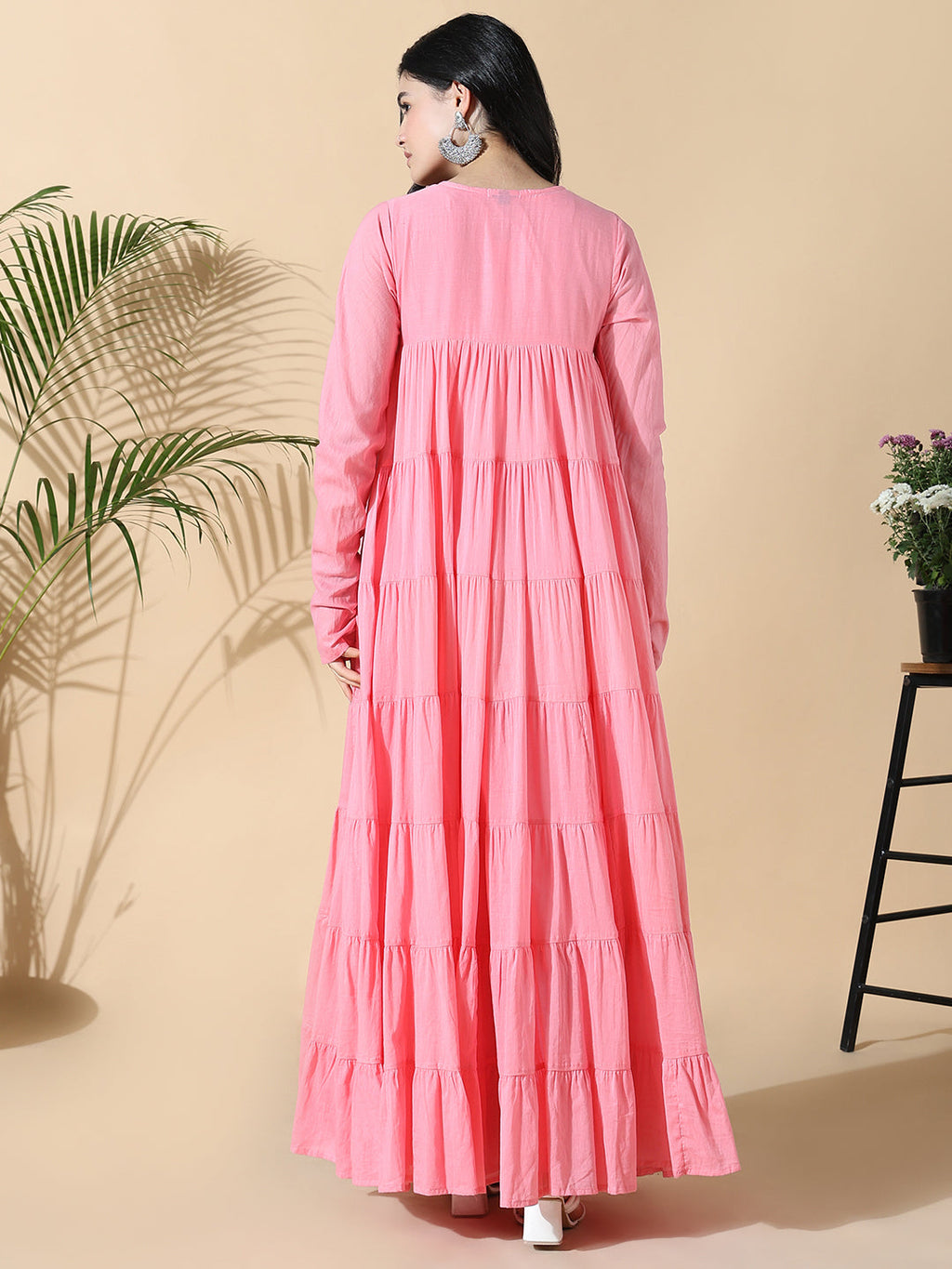 Women's Pink Solid Cotton Anarkali Kurta with Inner
