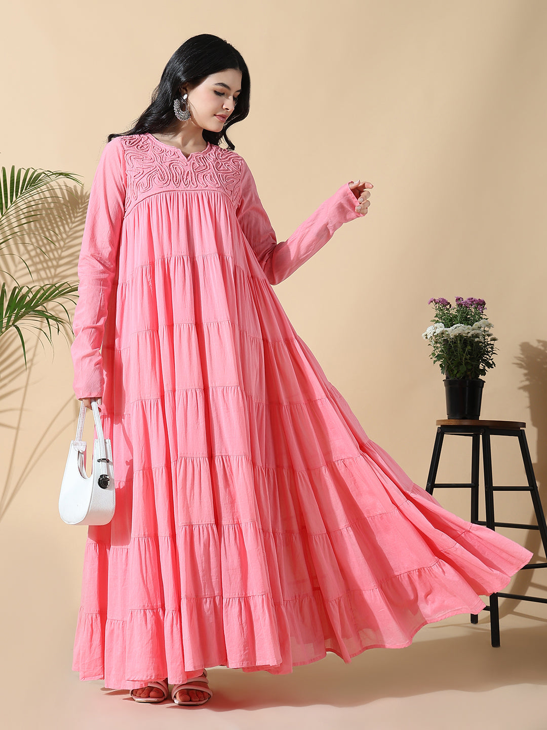 Women's Pink Solid Cotton Anarkali Kurta with Inner