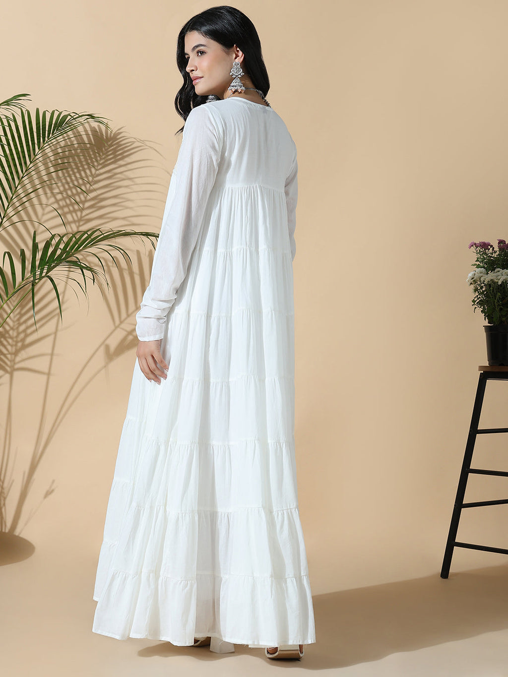 Women's White Solid Cotton Anarkali Kurta with Inner