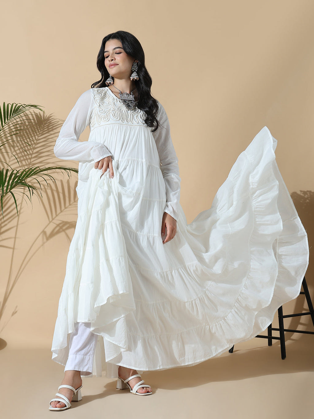 Women's White Solid Cotton Anarkali Kurta with Inner