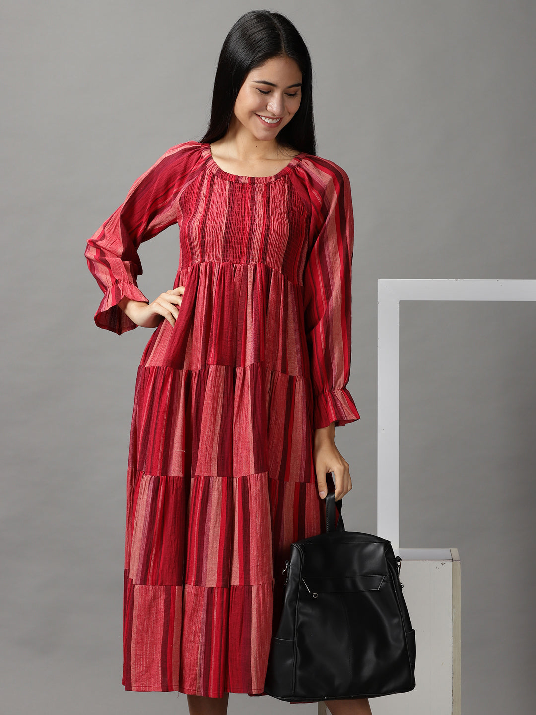 Women's Maroon Colourblock Fit & Flare Cotton Midi Dress