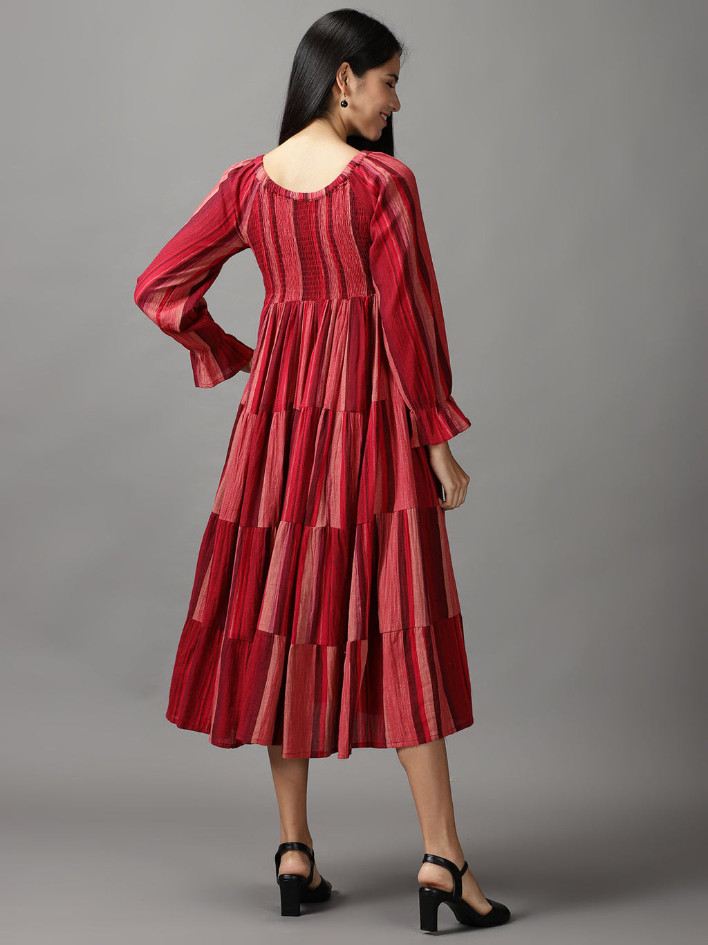 Women's Maroon Colourblock Fit & Flare Cotton Midi Dress