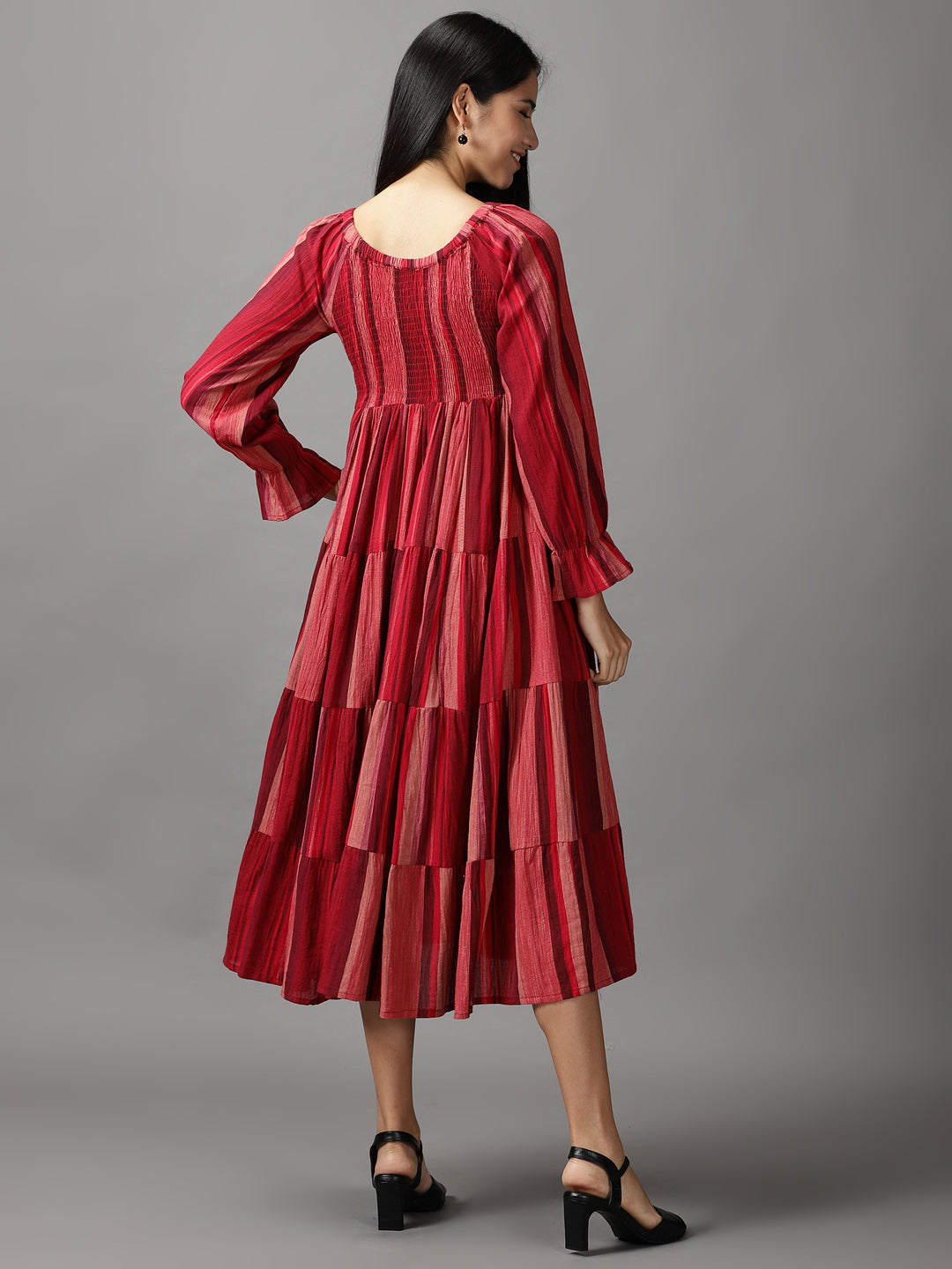 Women's Maroon Colourblock Fit & Flare Cotton Midi Dress