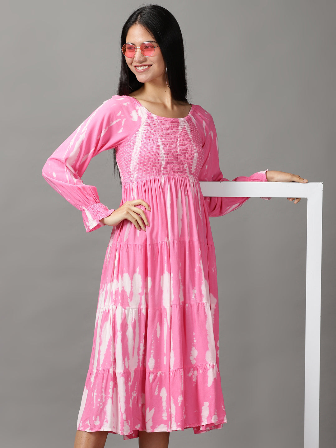 Women's Pink Tie and Dye Cotton Fit & Flare Dress