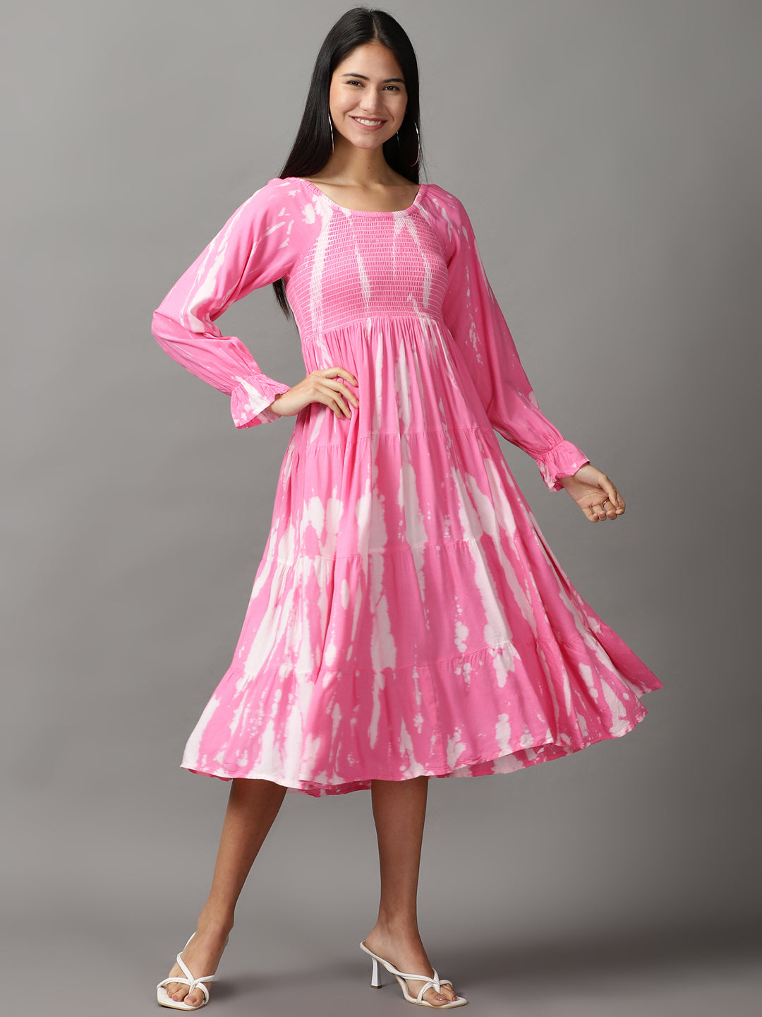 Women's Pink Tie and Dye Cotton Fit & Flare Dress