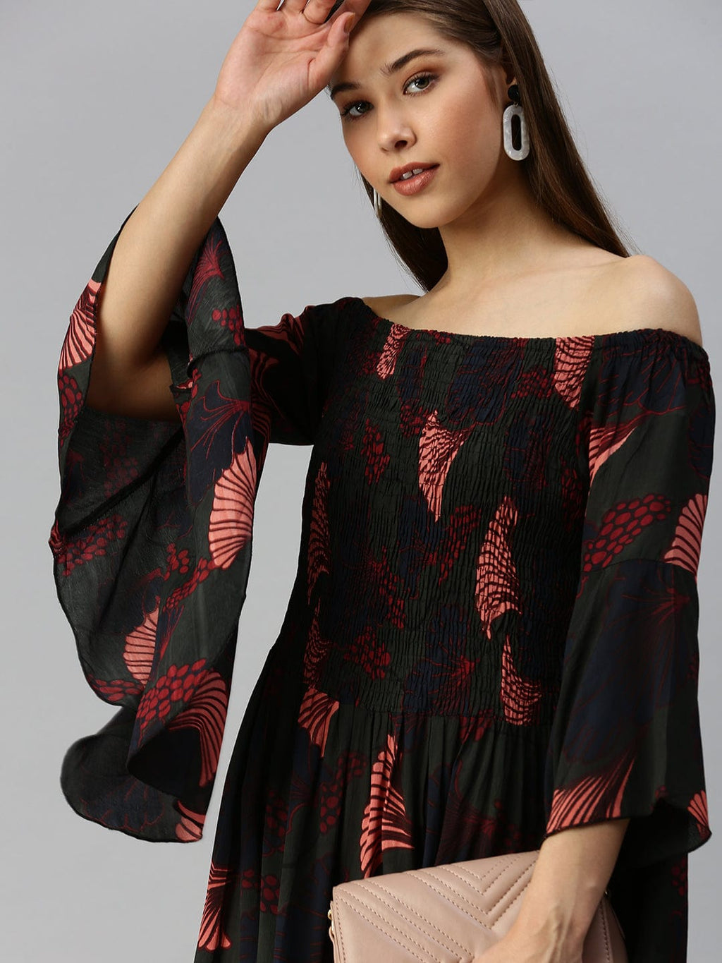 Women's Green Floral Off-Shoulder A-Line Midi Dress