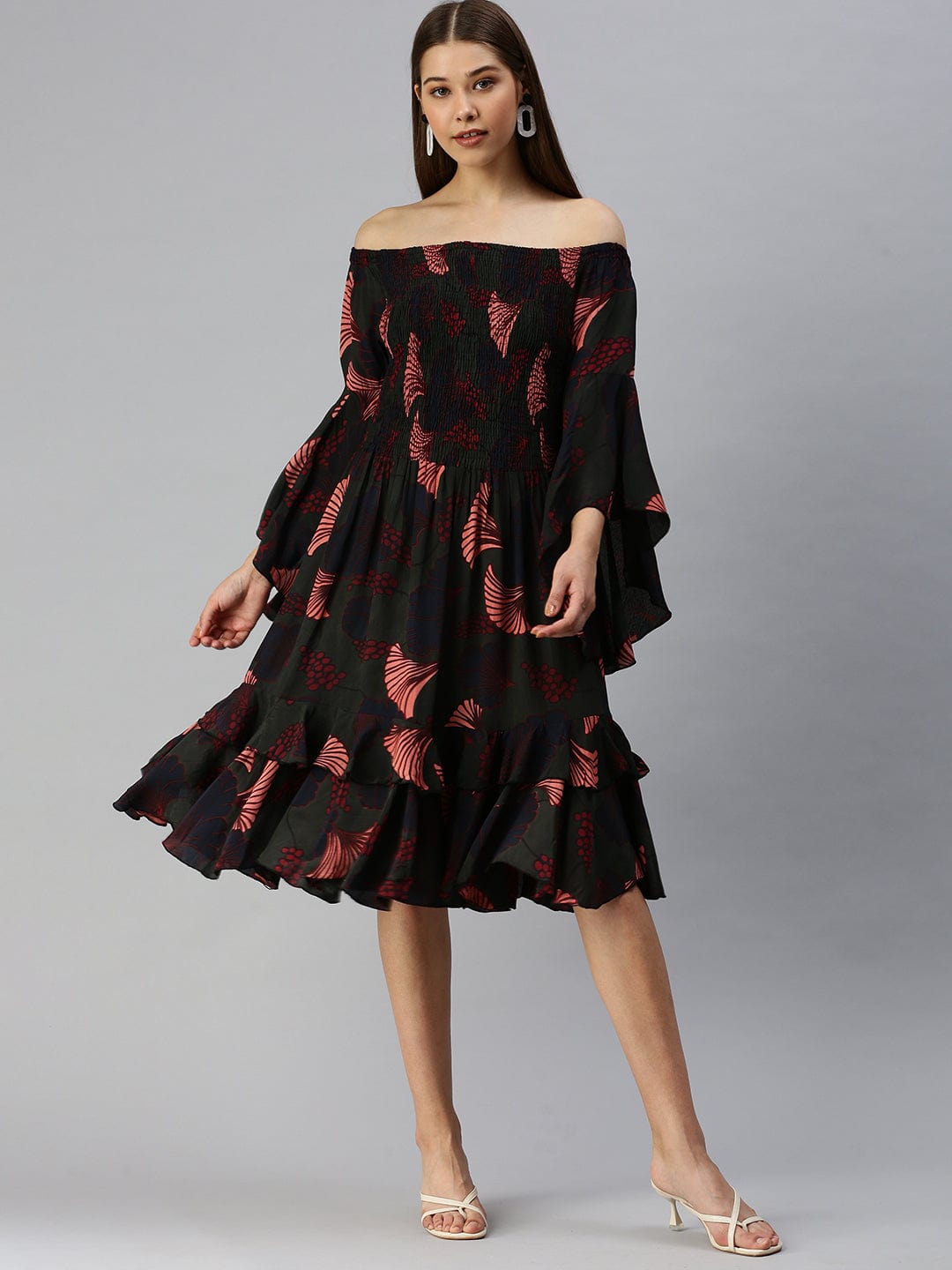 Women's Green Floral Off-Shoulder A-Line Midi Dress