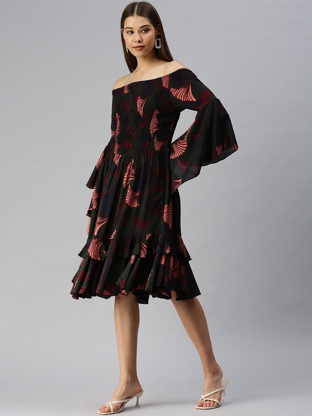 Women's Green Floral Off-Shoulder A-Line Midi Dress