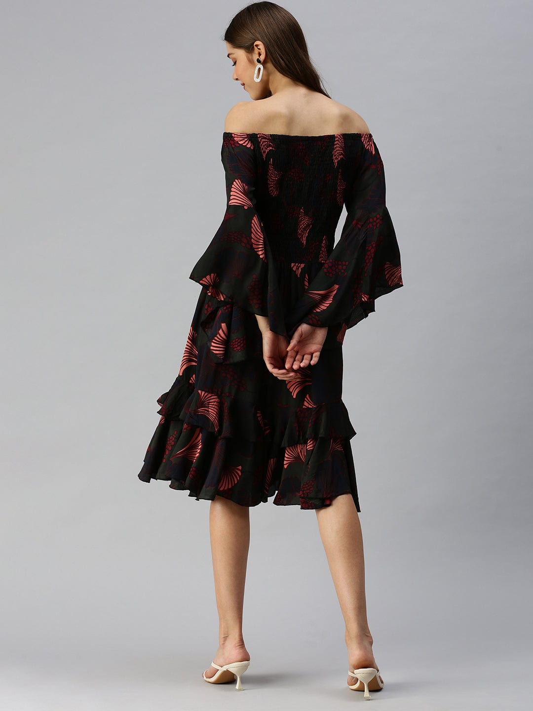 Women's Green Floral Off-Shoulder A-Line Midi Dress