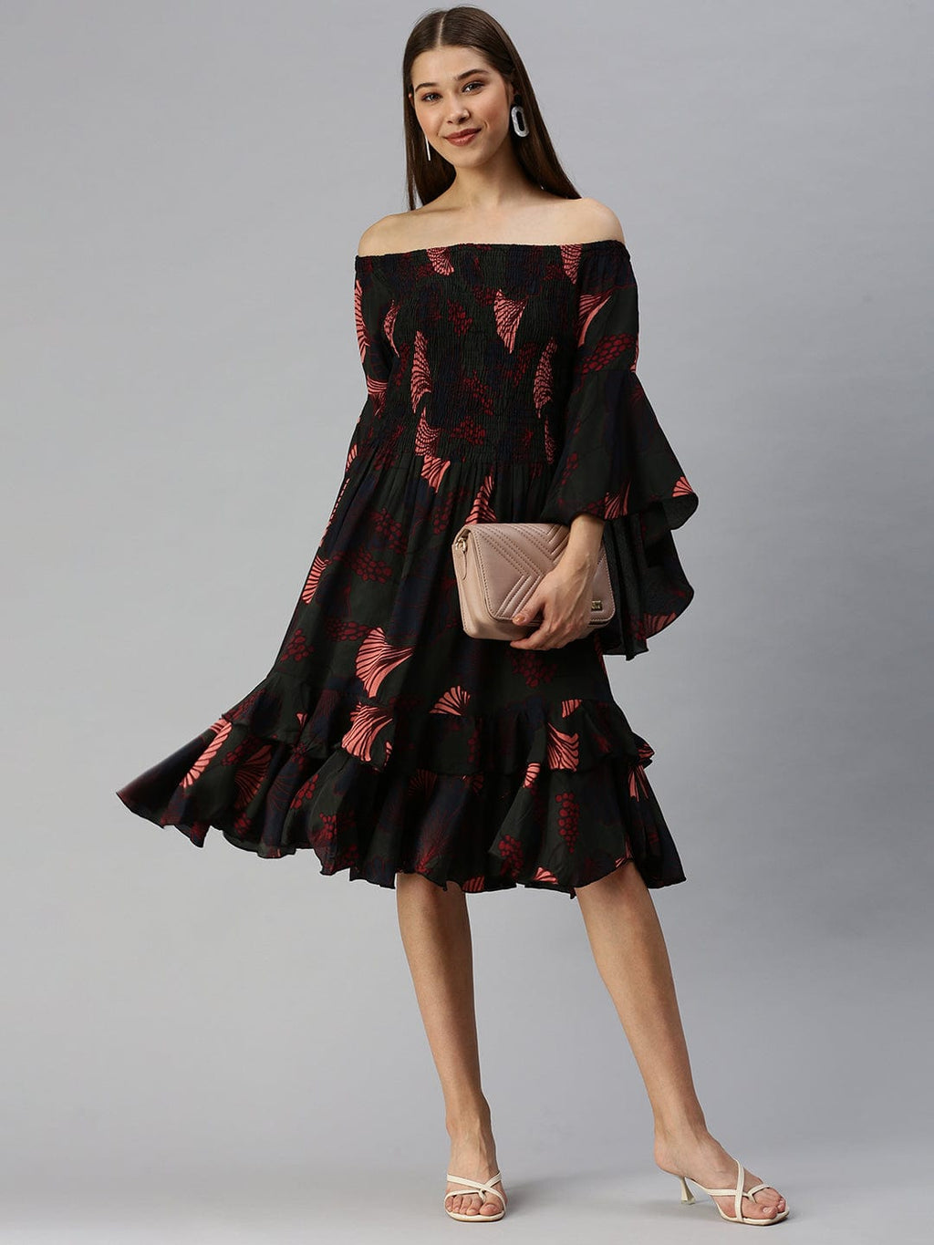 Women's Green Floral Off-Shoulder A-Line Midi Dress
