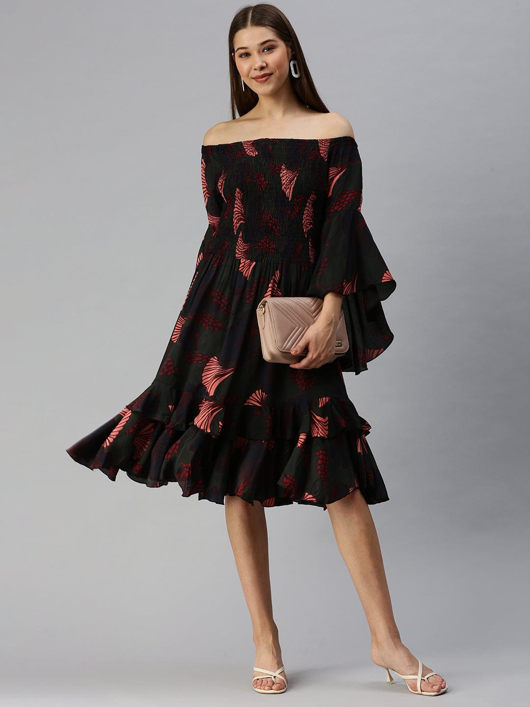 Women's Green Floral Off-Shoulder A-Line Midi Dress